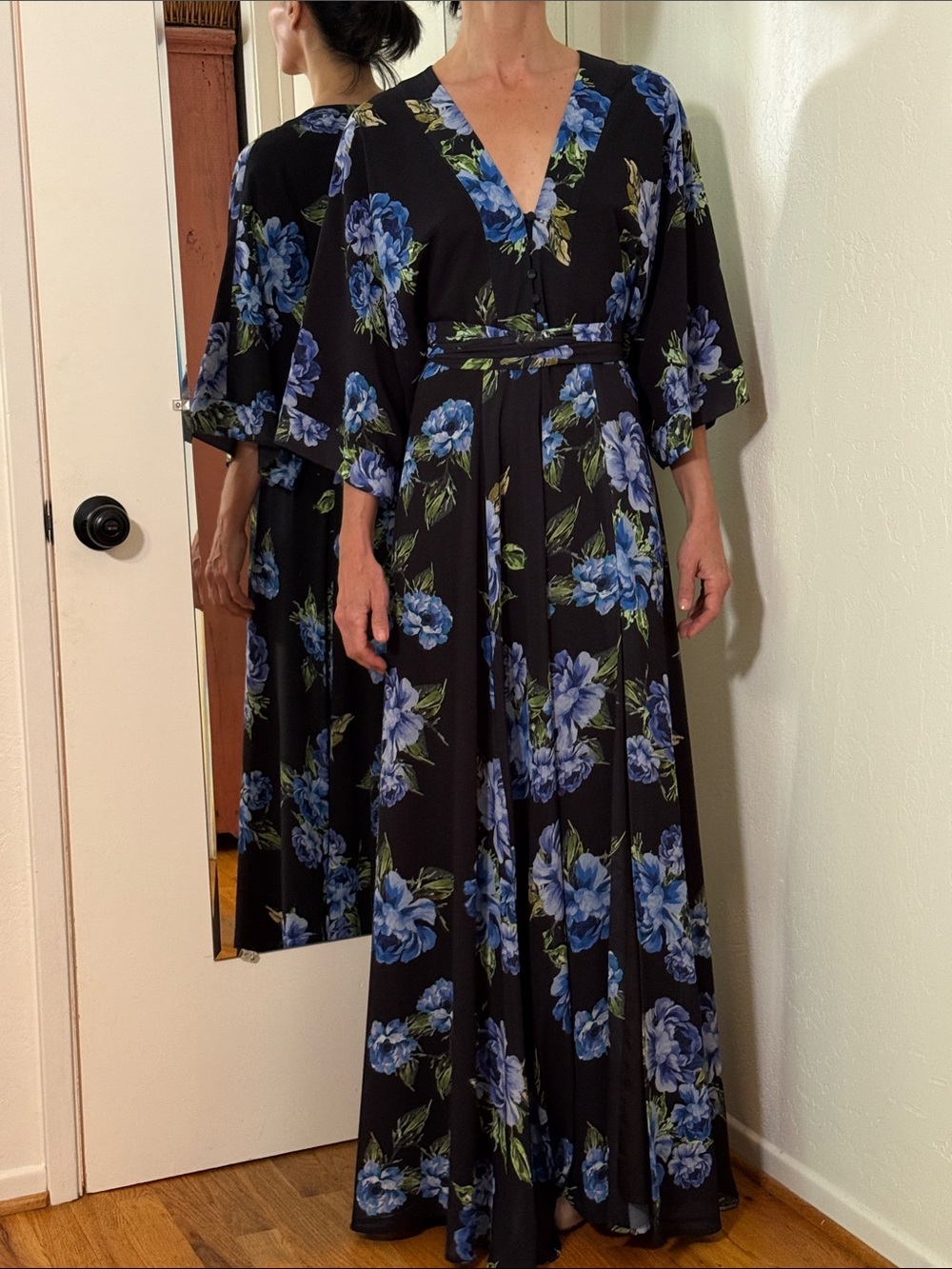 YUMI KIM Black Floral Maxi Dress with Blue Flowers